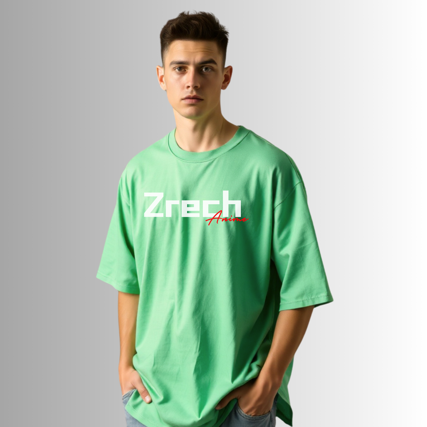 Jade Green Oversized Anime Back Print Terry Cotton Tee | Zrech Anime Streetwear Oversized T-Shirt