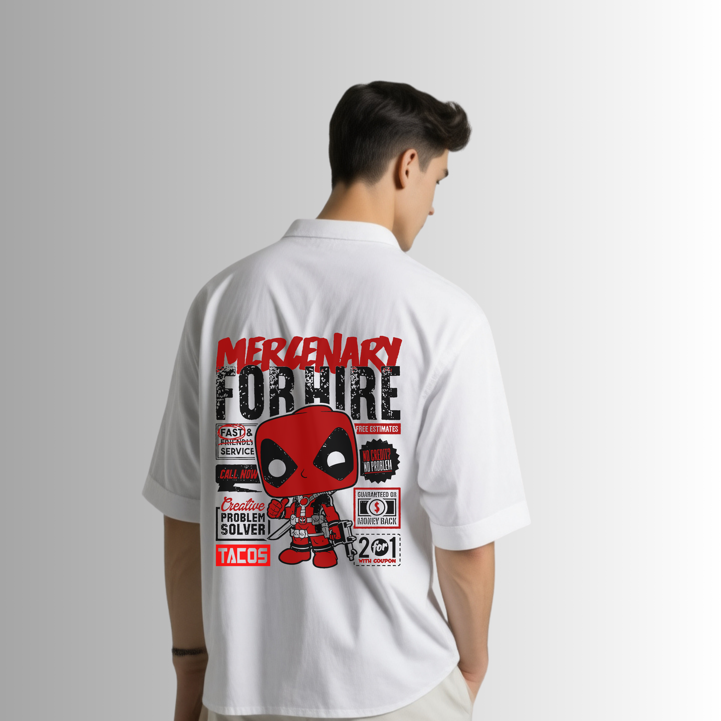 Deadpool "Mercenary for Hire" Oversized White Cotton Shirt