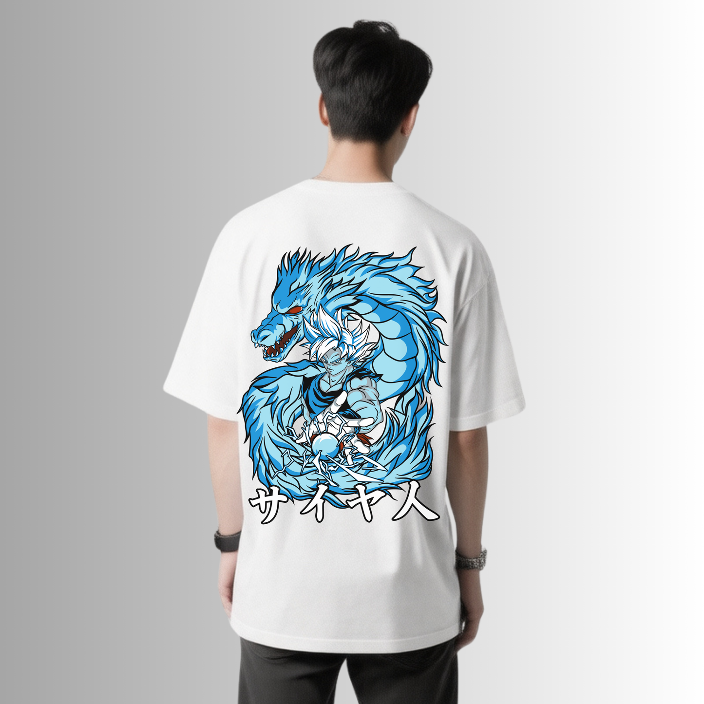 White Terry Cotton Oversized T-Shirt for Men | Anime Dragon Warrior Back Print | Streetwear Casual Tee
