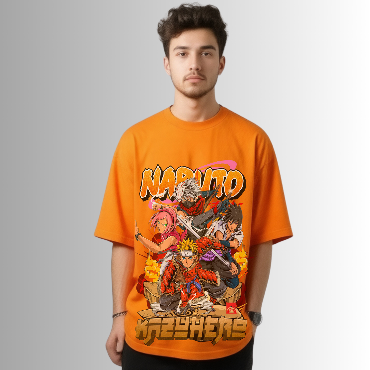 Zrech AOP Graphic T-Shirt – Bold Orange with Naruto-Inspired Design