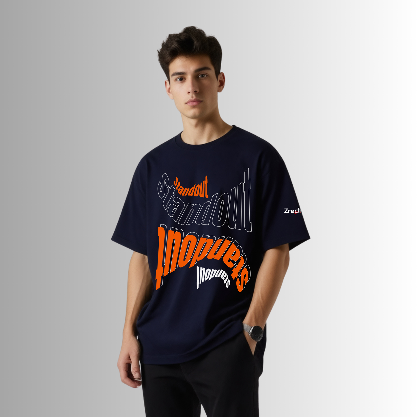 Zrech Standout Series – "Unpopular Standout" Oversized Navy Blue Terry Cotton T-Shirt